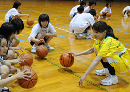 写真：片手でドリブル